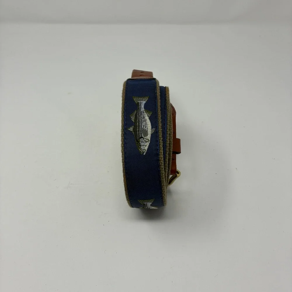 Leather Man Ltd Essex‎ CT Striped Bass Fish Belt Navy Canvas Leather 48 Inch XL
